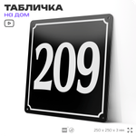 Адресная табличка с номером дома 209, на фасад и забор, черная, 25х25 см, Айдентика Технолоджи
