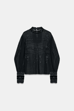 ZARA БЛУЗА С КРУЖЕВОМ ИЗ БАРХАТА — ZW COLLECTION, ЧЕРНЫЙ