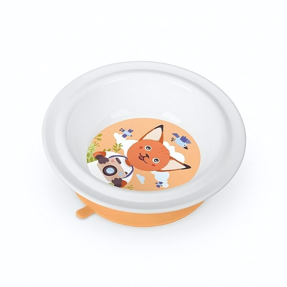 Тарелка детская глубокая на присосе с оранжевым декором (белый)