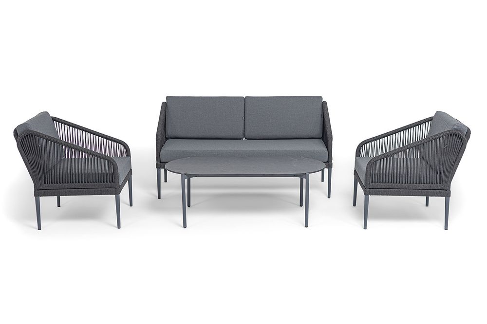 "Канны" лаунж-зона 4-местная (разборная) из роупа со столиком "Диего" цвета "серый гранит", роуп темно-серый круглый, ткань темно-серая