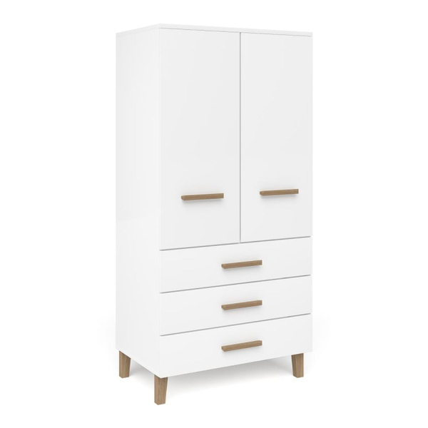 Шкаф 89х56х183, Чек, распашной для одежды, в детскую, спальню, прихожую, с дубовыми ручками и ножками, двухдверный, массив сосны, белый, Dipriz