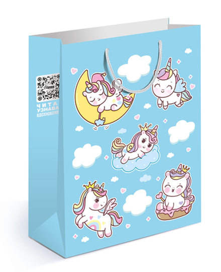 Пакет подарочный, Единороги в облаках, Голубой, 31*22*10 см, 1 шт.
