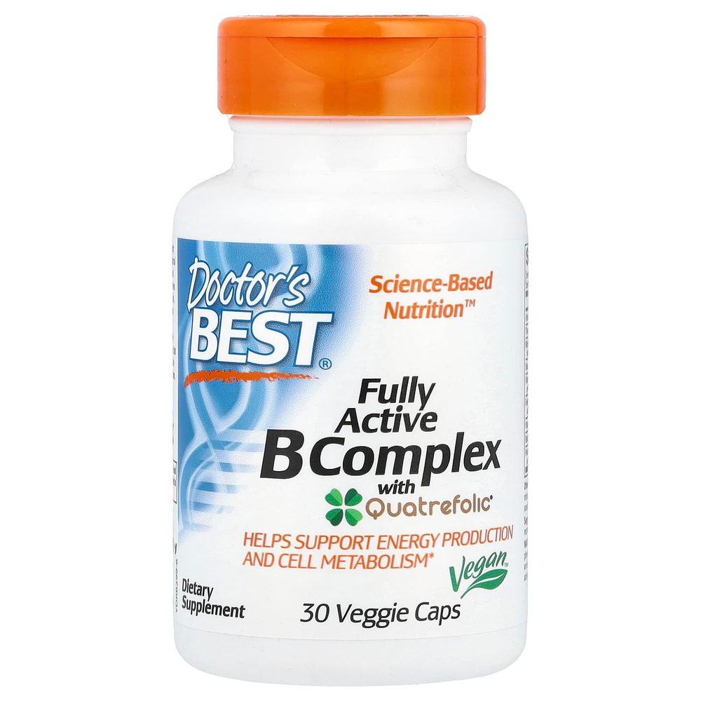 Doctor's Best, комплекс активных витаминов B с Quatrefolic, 30 вегетарианских капсул