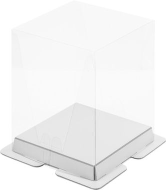 Коробка под торт ПРЕМИУМ с пьедесталом прозрачная, БЕЛАЯ 150*150*140 (внутр.размер 150*150*120) мм