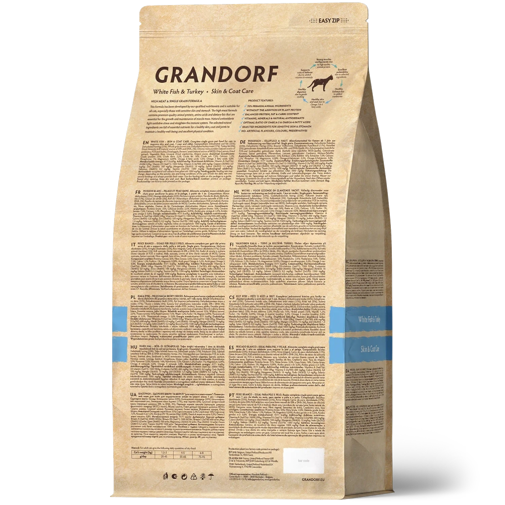 Grandorf White Fish & Turkey, Skin & Coat Care для взрослых кошек с чувствительной кожей и шерстью (Белая рыба с индейкой)