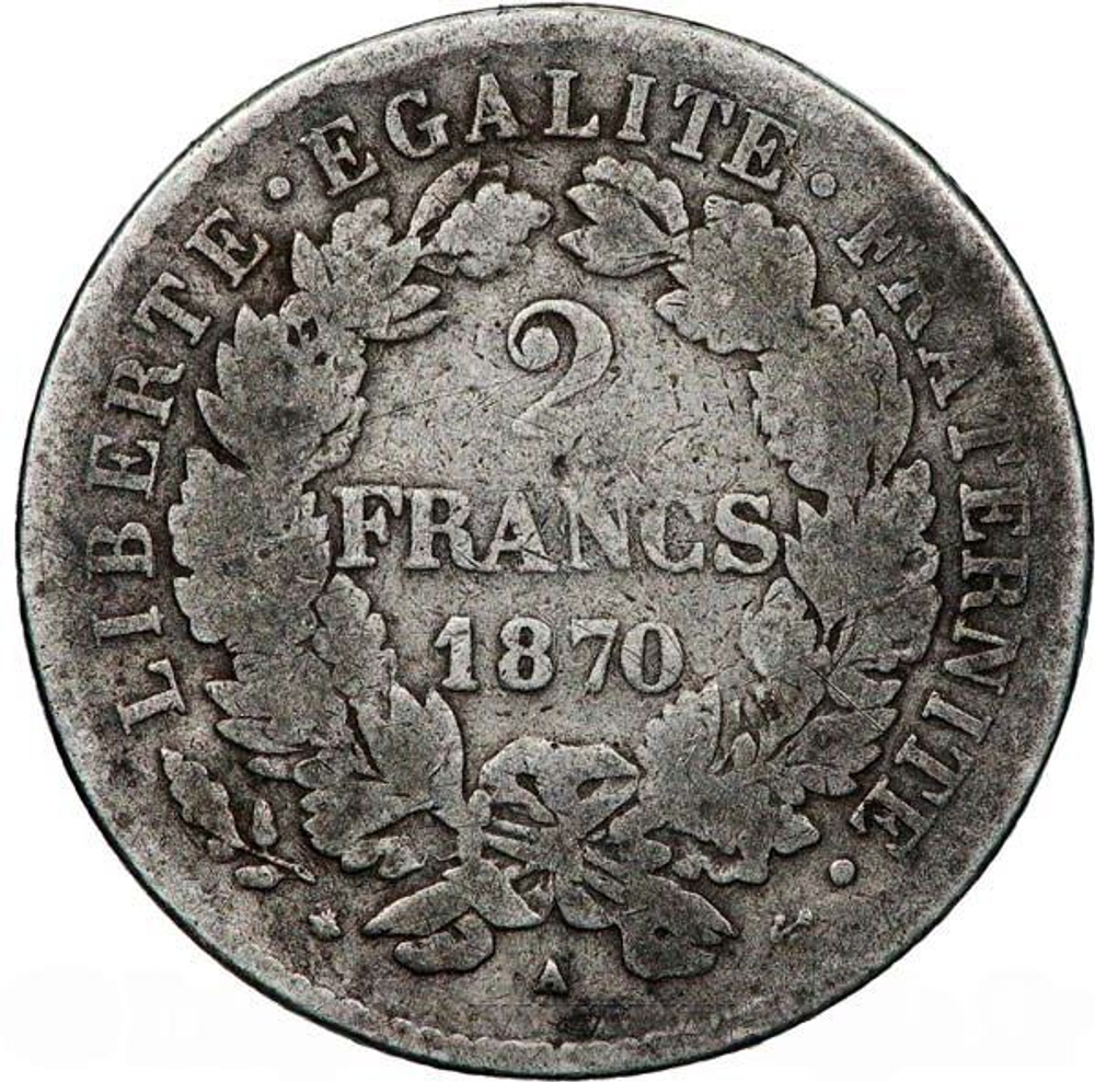France, 2 Francs, 1870 – "Cérès" (Paris Mint), VF