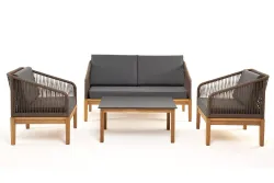 "Канны" лаунж-зона 4-местная из роупа со столиком "Канны" (серый гранит), основание дуб, роуп коричневый