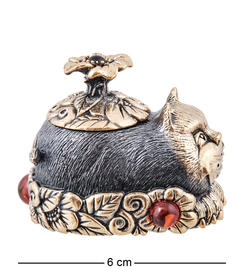 Народные промыслы AM-3955 Шкатулка «Кот в цветах» (латунь, янтарь)