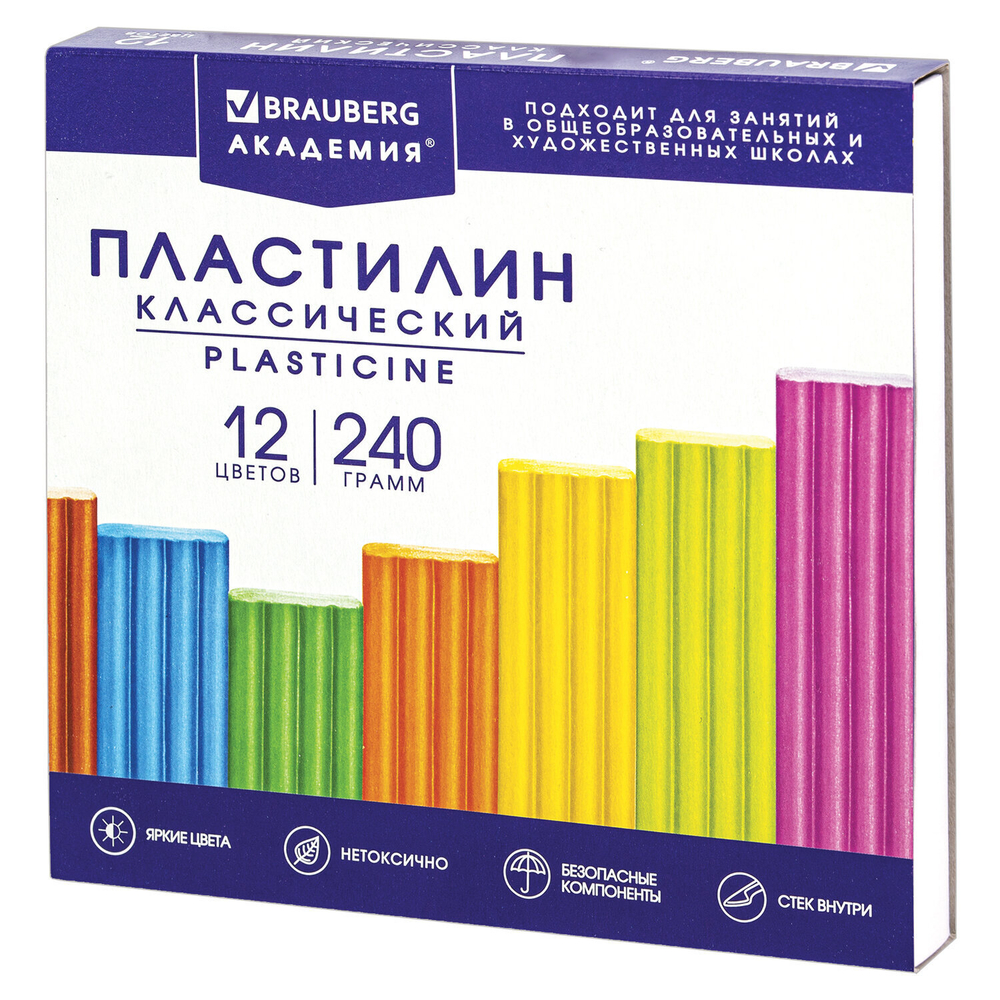 Пластилин классический BRAUBERG "АКАДЕМИЯ КЛАССИЧЕСКАЯ" 12 цветов 240 г СТЕК качество на высоте (16 штук в упаковке)