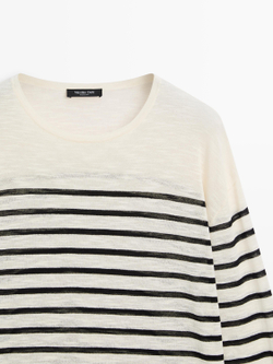 Massimo Dutti Футболка из смесового хлопка в полоску с длинными рукавами, натуральный/кремовый