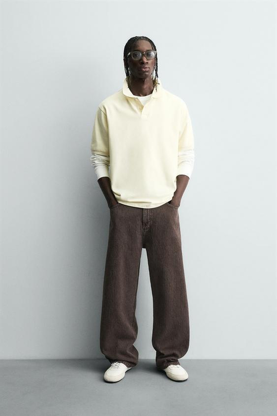 ZARA БРЮКИ BAGGY FIT С ПРИНТОМ И ЭФФЕКТОМ ПОТЕРТОСТИ, КОРИЧНЕВЫЙ