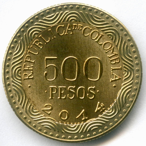 500 песо 2014 год. Колумбия. Стеклянная лягушка. Биметалл AUNC