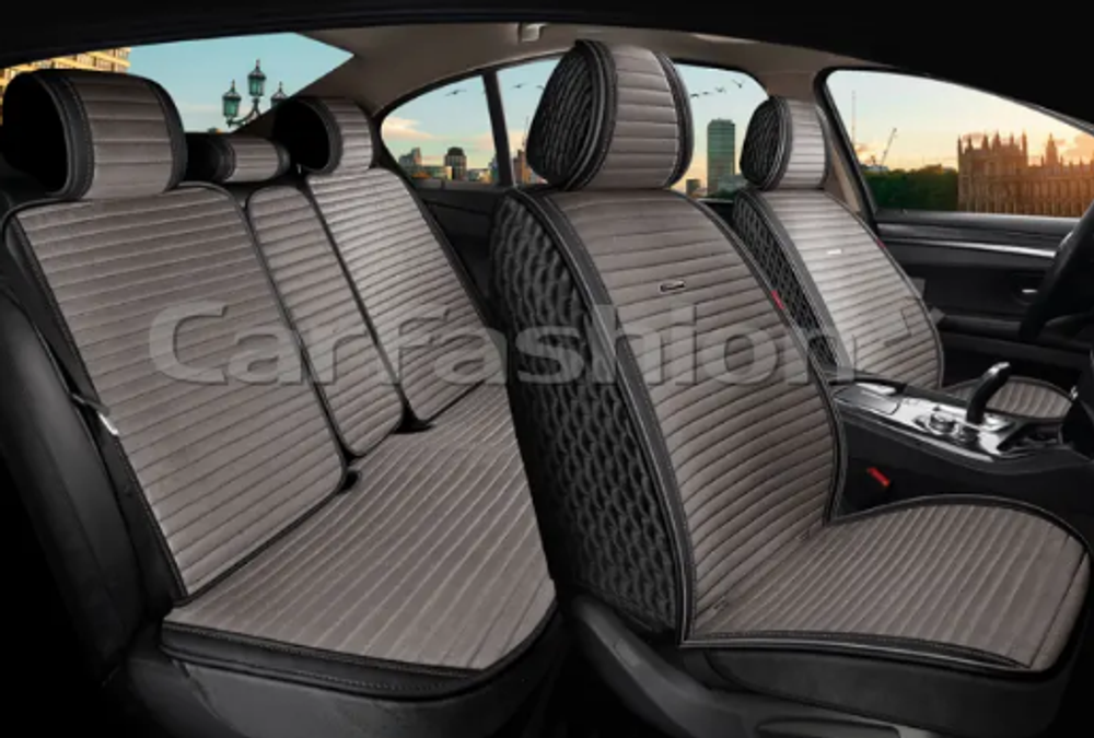 Накидки сидений ПОЛНЫЙ CarFashion (кт) -«MONACO FULL PLUS» 22771 -Велюр черный/т.серый/серый/серый