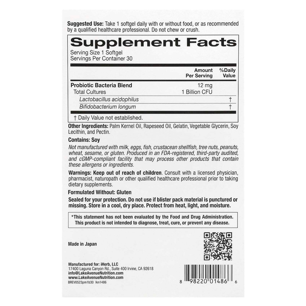 Lake Avenue Nutrition, Пробиотик в мини-таблетках, 2 штамма здоровых бактерий, 1 млрд КОЕ, 30 маленьких мягких таблеток