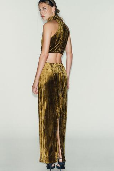 ZARA ПЛАТЬЕ МИДИ С ВЫРЕЗАМИ И СТРАЗАМИ, ОХРА