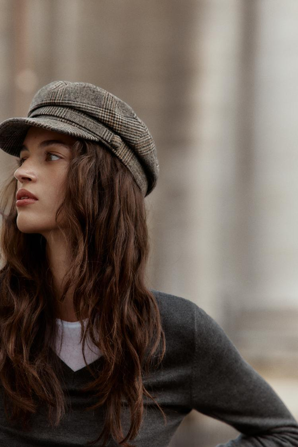 ZARA КЕПКА В КЛЕТКУ С ШЕРСТЬЮ, СЕРЫЙ