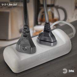 Удлинитель электрический ЭРА U-2-1,5m-2x1 без заземления 2 розетки 1,5м ПВС 2x1мм2 10А | Бытовые удлинители