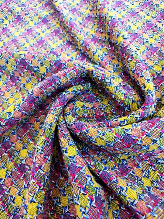 Твид шанель, клетка, розовый/желтый/голубой, хлопок