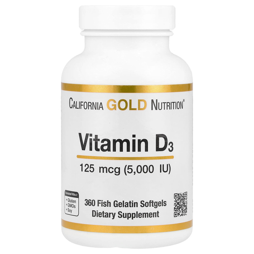 California Gold Nutrition, витамин D3, 125 мкг (5000 МЕ), 360 капсул из рыбьего желатина