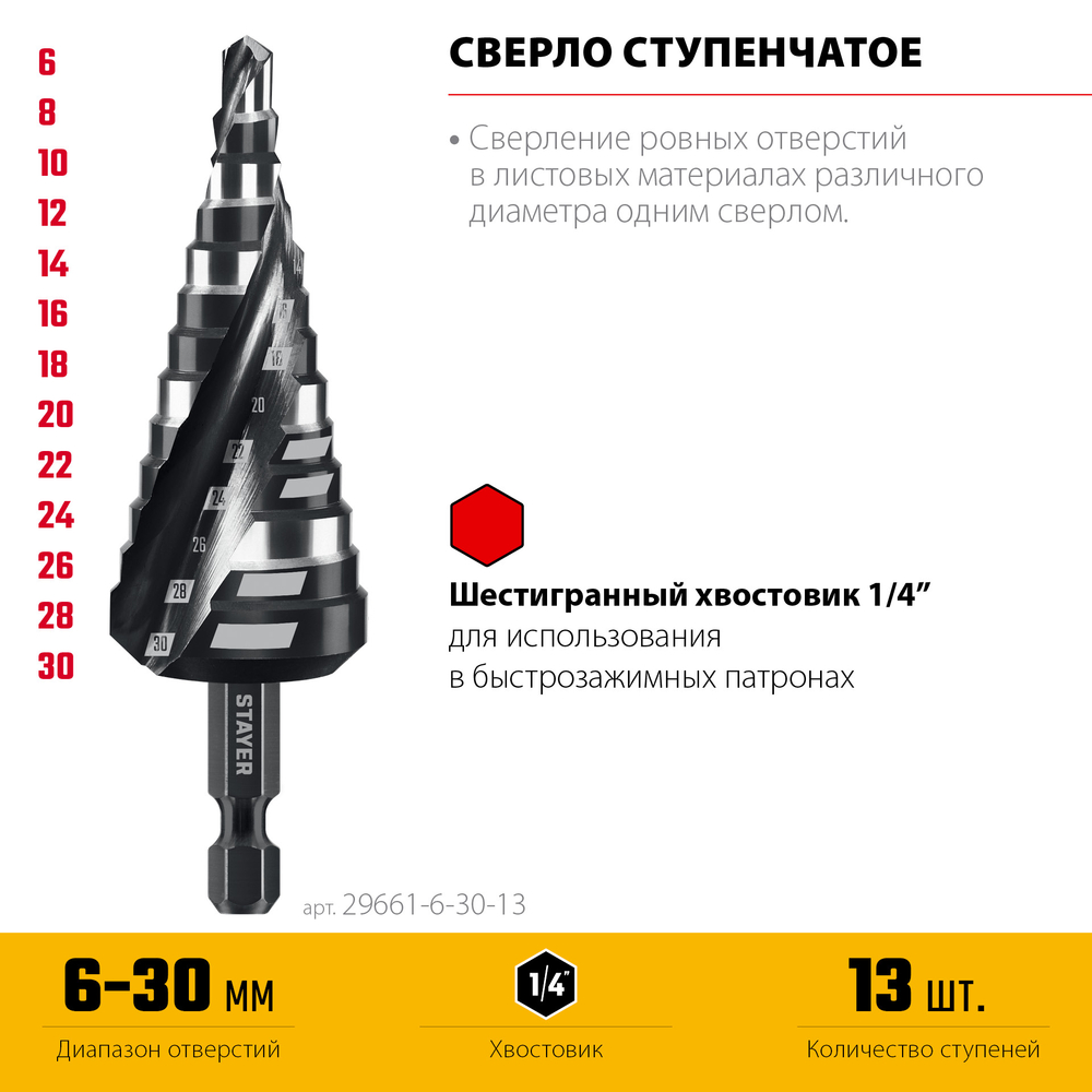 STAYER Pro-Max 6-30мм, 13 ступеней, винтовая спираль, сверло ступенчатое (29661-6-30-13)