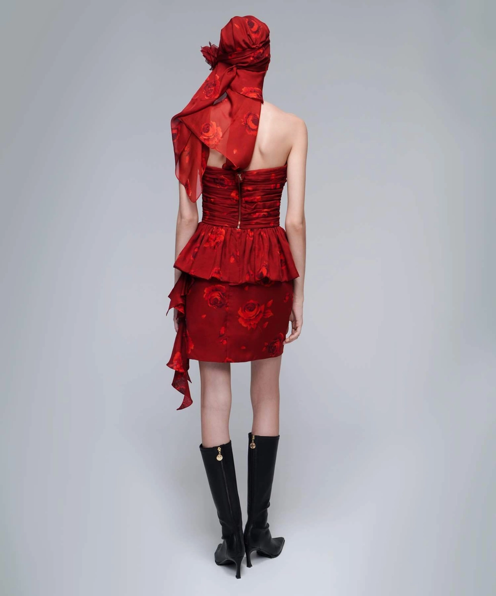 Rosalie, топ корсетный из бордового шифона с крупными красными цветами