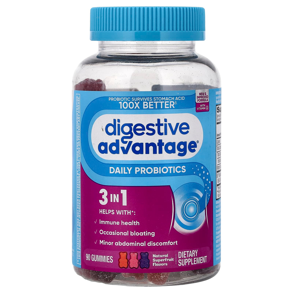 Schiff, Digestive Advantage®, жевательные таблетки с пробиотиками для ежедневного приема, натуральный суперфрукт, 90 жевательных таблеток