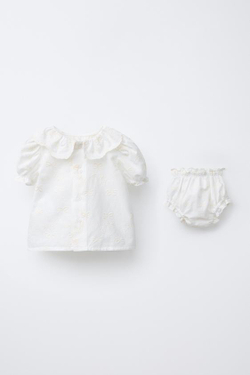 ZARA БЛУЗА И ТРУСЫ С ВЫШИВКОЙ И ЗАВЯЗКАМИ, СВЕТЛЫЙ ЭКРЮ