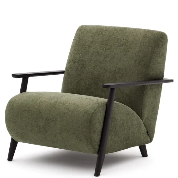 Кресло Meghan из зеленого шенилла с подлокотниками цвета венге