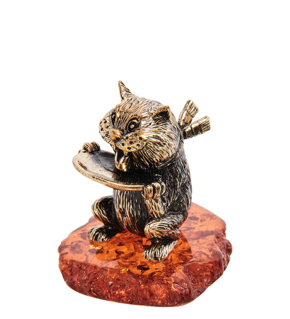 Народные промыслы AM-3147 Фигурка «Кот с блюдцем» (латунь, янтарь)