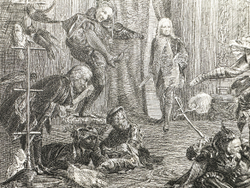 Шуты при дворе императрицы Анны Иоанновны. Гравюра по известной картине В. Якоби. 1740 г.