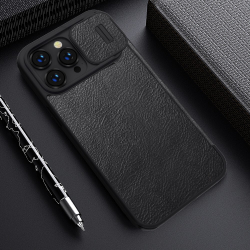 Чехол книжка от Nillkin для смартфона iPhone 14 Pro Max, черный цвет, серия Qin Pro Leather с защитной шторкой для камеры