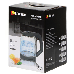 Чайник электрический Lofter, C01, черный, 2 л, 1500 Вт, скрытый нагревательный элемент, стекло