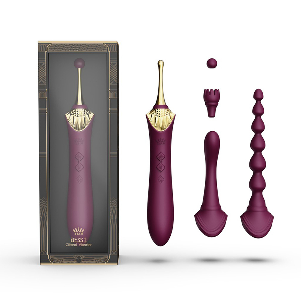 Фиолетовый клиторальный массажёр 21,9см с многофункциональными насадками Zalo Bess 2 Clitoral Massager Velvet Purple