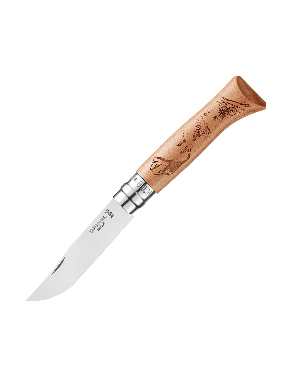Нож Opinel №8 Alpine adventures, нержавеющая сталь, рукоять дуб, гравировка горный велосипед, 002187