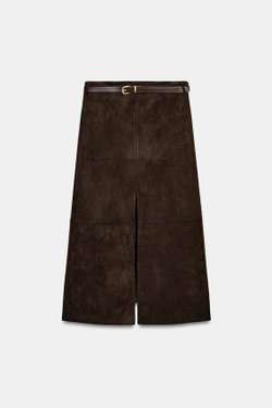 ZARA ЮБКА ИЗ ИСКУССТВЕННОЙ ЗАМШИ С РЕМНЕМ, ШОКОЛАДНО-КОРИЧНЕВЫЙ