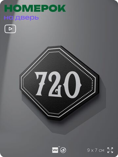Номерок на дверь квартиры 720, для кабинета, офиса, шильдик 9 х 7 см, черный, Айдентика Технолоджи