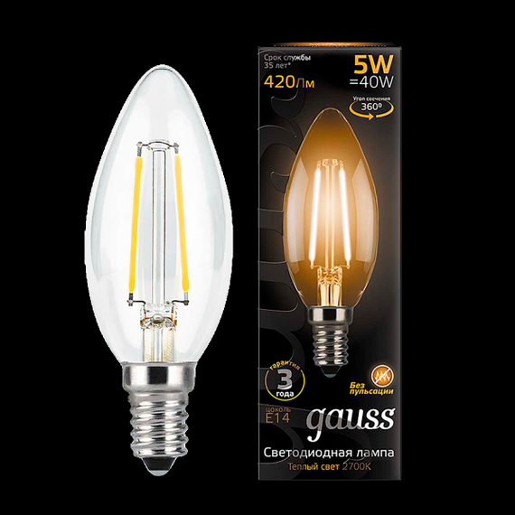 Лампа светодиодная филаментная Gauss E14 5W 2700К прозрачная 103801105