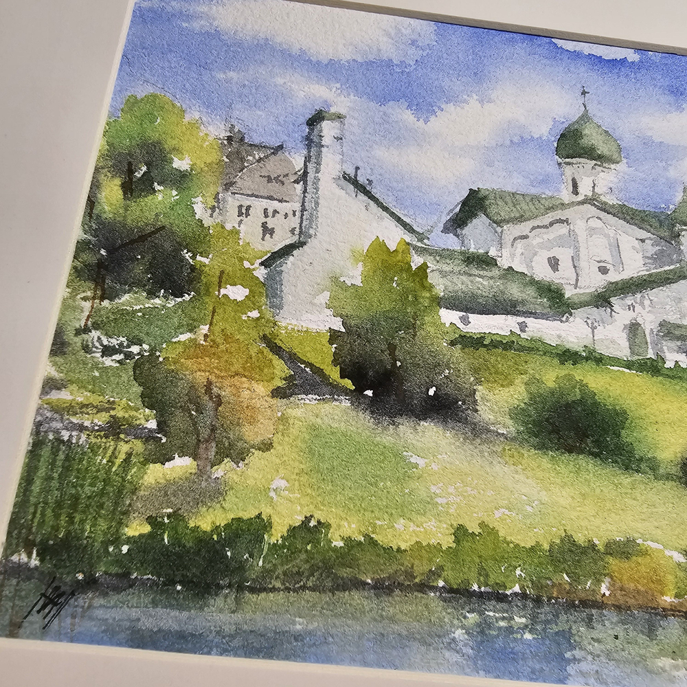 Картина авторская акварельная в паспарту 21х30 см на стену для интерьера "Богоявленская церковь Пскова"