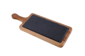 Блюдо для подачи прямоуг. 38*15 см. h=2 см. черное, сланец, на дерев. подставке с ручкой MGprof /1/