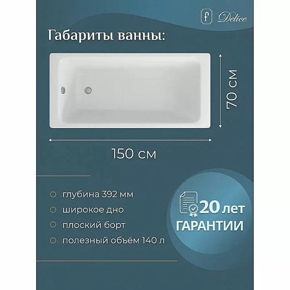 Ванна чугунная Delice Parallel Comfort DLR220503RB 150х70 белая с черными матовыми ручками