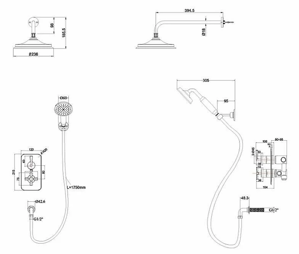 Душевая система Burlington Riviera R2S GOLD+V17 GOLD золото