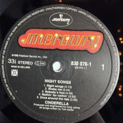 Винтажная виниловая пластинка LP Cinderella Night Songs (Holland 1986)