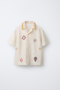 ZARA ВЯЗАНАЯ КРЮЧКОМ РУБАШКА С ВЫШИВКОЙ, ЭКРЮ