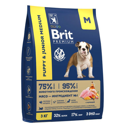 BRIT PREMIUM, Сухой корм с курицей для щенков "Dog Puppy and Junior Medium", 3кг,
