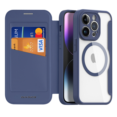 Прозрачный чехол книжка синего цвета с поддержкой MagSafe от Dux Ducis для iPhone 14 Pro, серия Skin X Pro Series Case