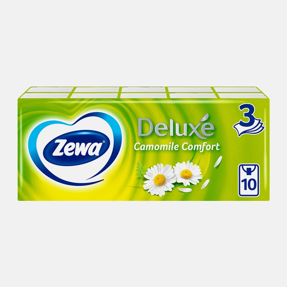 Носовые платочки с ароматом ромашки 3 слоя Zewa Deluxe 10*10шт в ассортименте