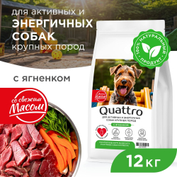 Корм сухой для взрослых собак крупных пород, премиум полнорационный комплекс, для активных и энергичных, с ягненком, 12 кг, QUATTRO