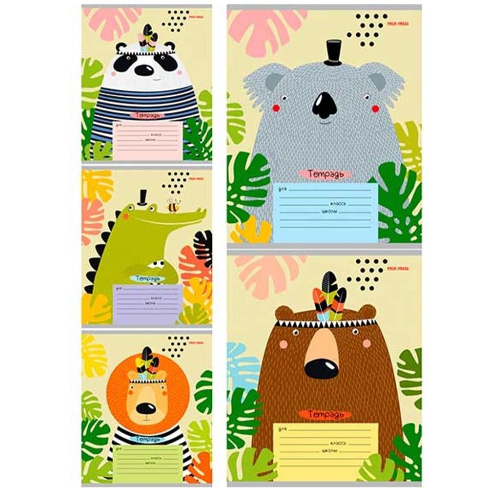 Тетрадь 12л., клетка, Проф-Пресс, скрепка, мелованная обложка, твин-лак, холод. фольга, "Милые зверушки-2", 5 дизайнов в спайке