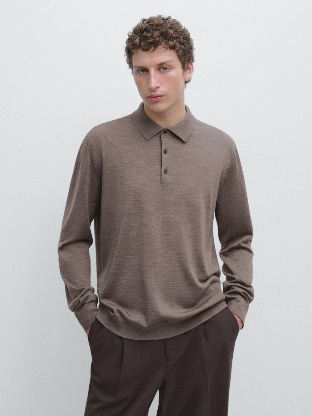 Massimo Dutti Шерстяной свитер с воротником поло, кротово-коричневый