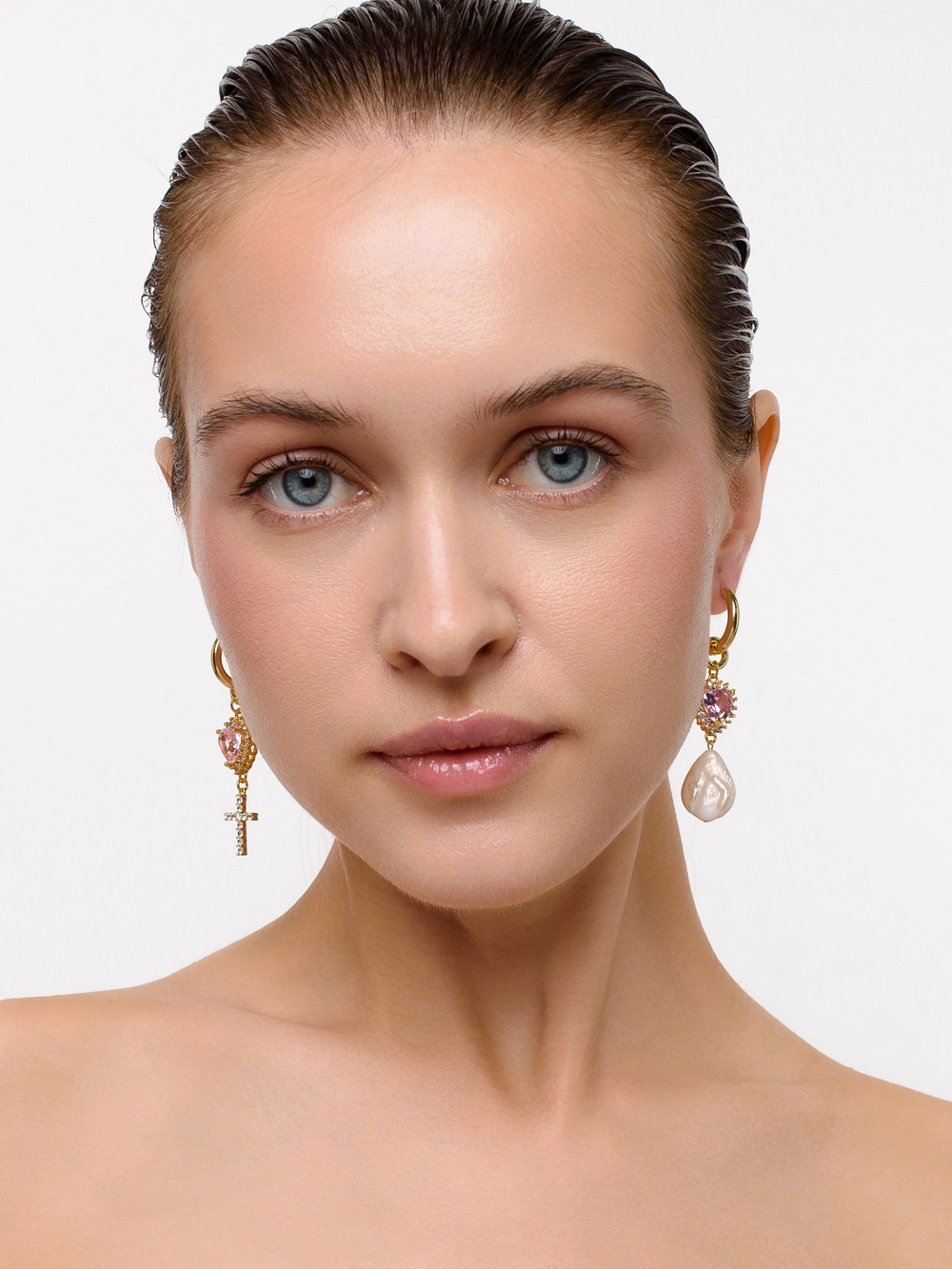 Серьги "Cross pearl Pink" Gold